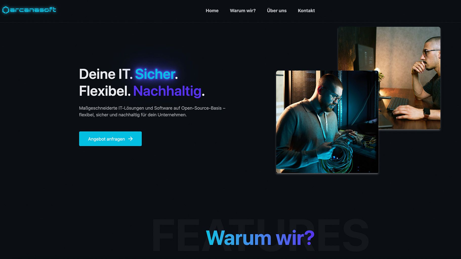 Screenshot der arcanasoft Website mit dem Headline „Deine IT. Sicher. Flexibel. Nachhaltig." und zwei Fotos von Personen, die an IT-Infrastruktur arbeiten.