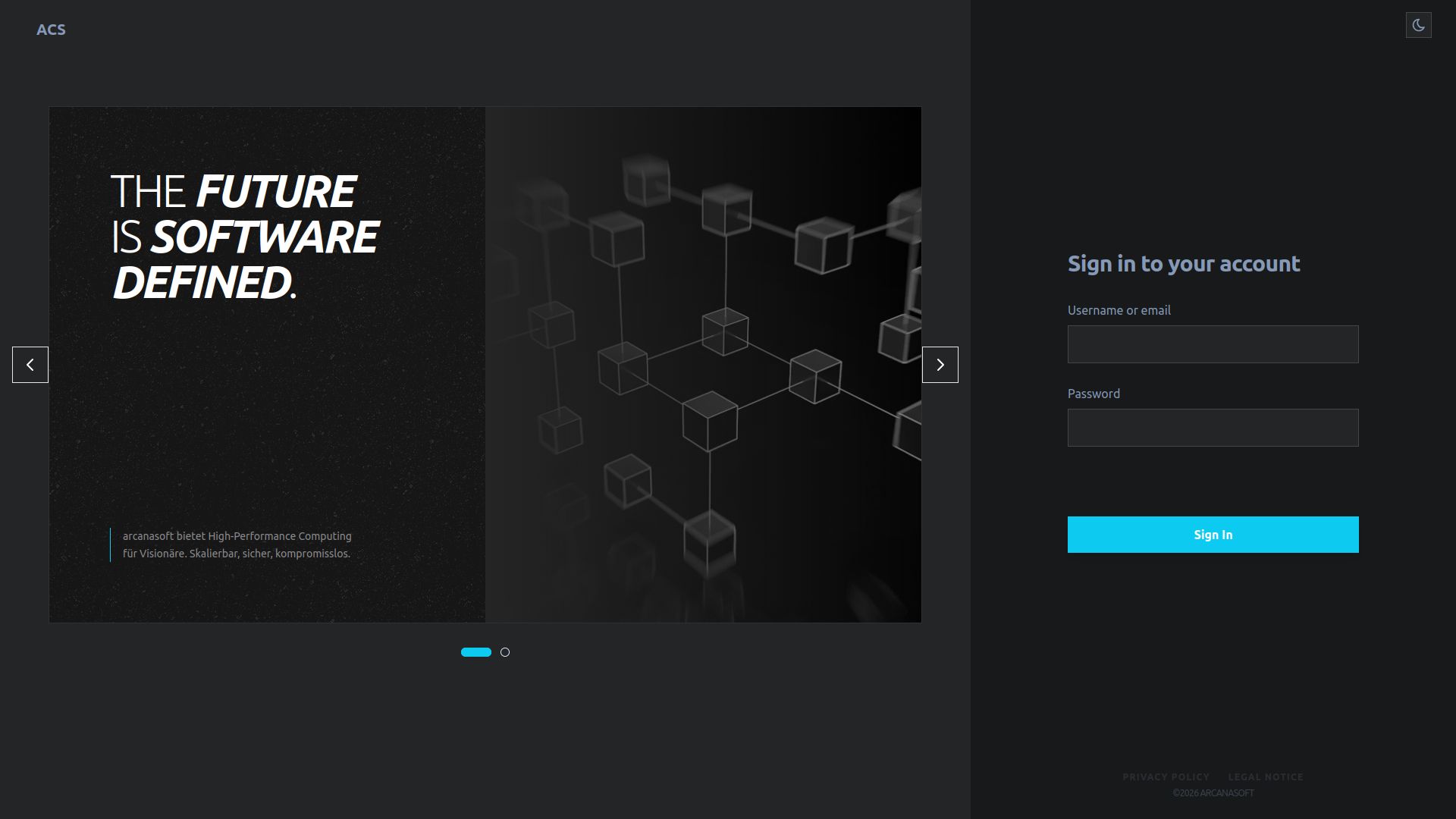 Screenshot des arcanasoft SSO Login-Portals mit dem Claim „The Future is Software Defined", einer abstrakten 3D-Grafik und einem Login-Formular auf der rechten Seite.