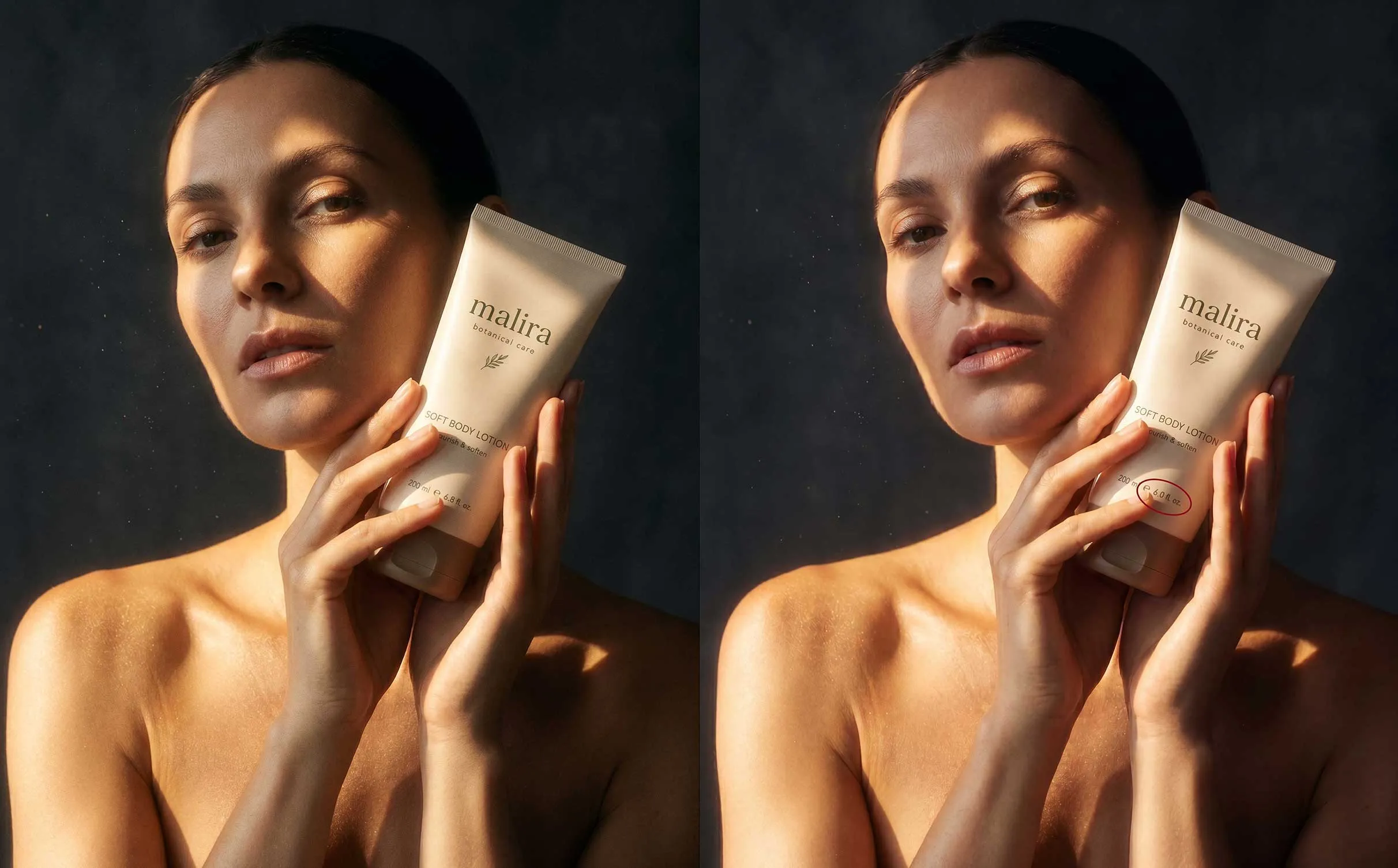 Zwei KI-Versionen desselben Body-Lotion-Motivs mit unterschiedlichen Füllmengenangaben, 6.8 und 6.0 fl. oz.