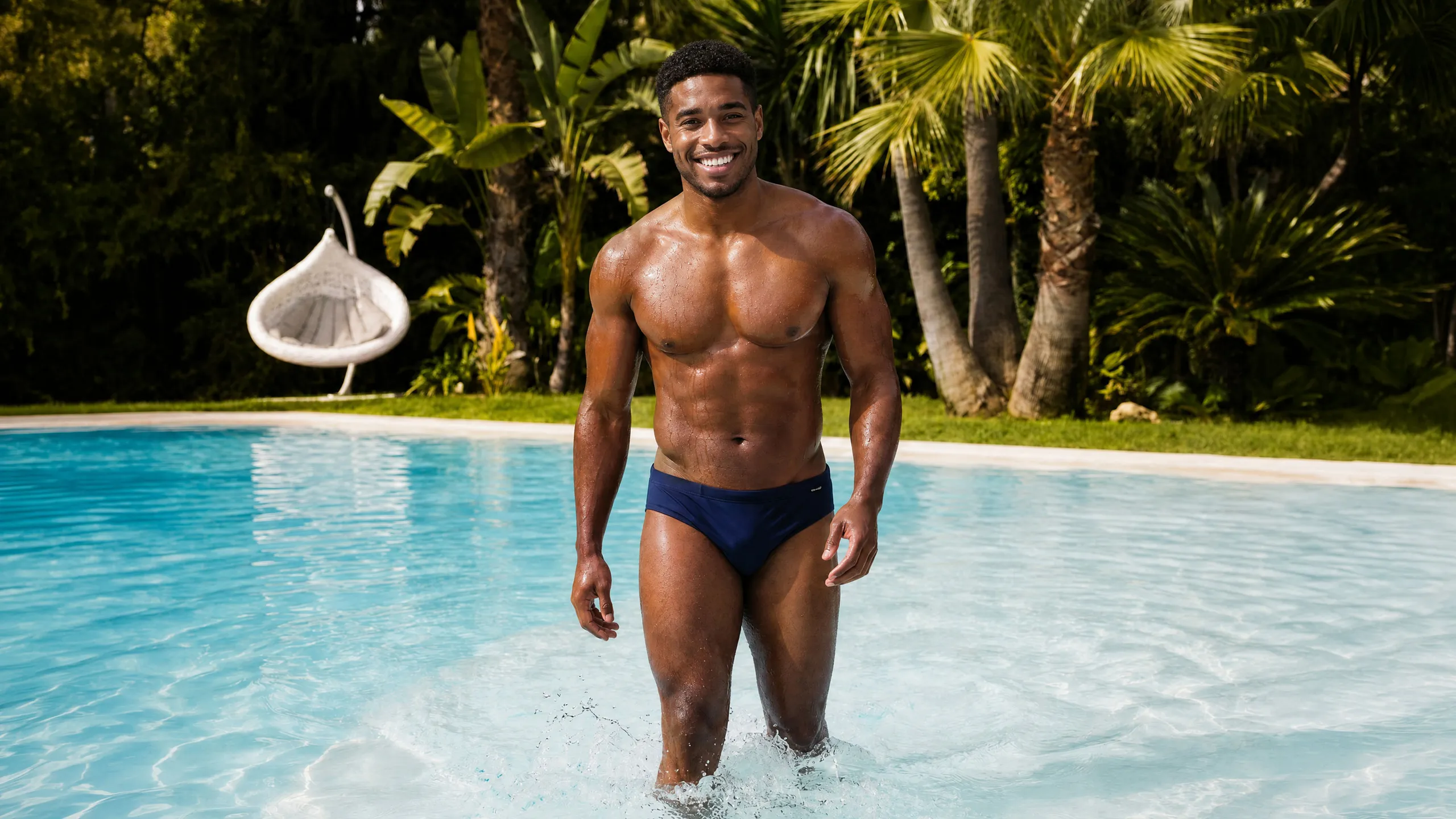 KI-generiertes Kampagnenbild für bruno banani Bademode: Mann in dunkelblauer Badehose steht lächelnd im Pool vor Palmen
