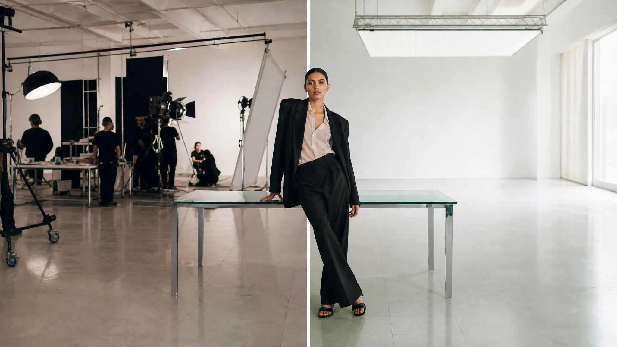 Split-Motiv: links Fotostudio mit Crew und Lichttechnik hinter den Kulissen, rechts das fertige Kampagnenbild eines Models im schwarzen Anzug