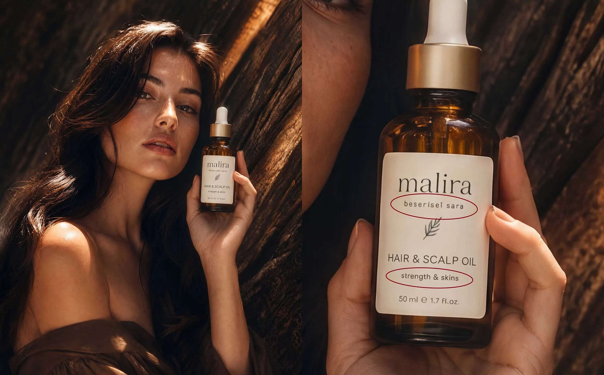 Vergleich KI-Bild und Zoom: Etikett mit fehlerhaftem Text "beserisel sara" statt "botanical care" auf KI-generiertem Produktbild