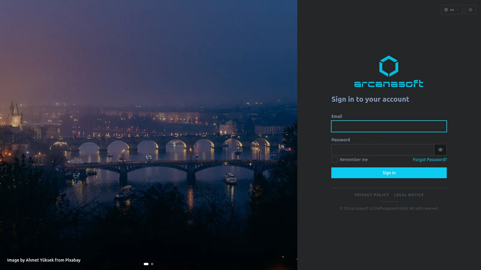 Screenshot des arcanasoft SSO Login-Portals mit dem Claim „The Future is Software Defined", einer abstrakten 3D-Grafik und einem Login-Formular auf der rechten Seite.